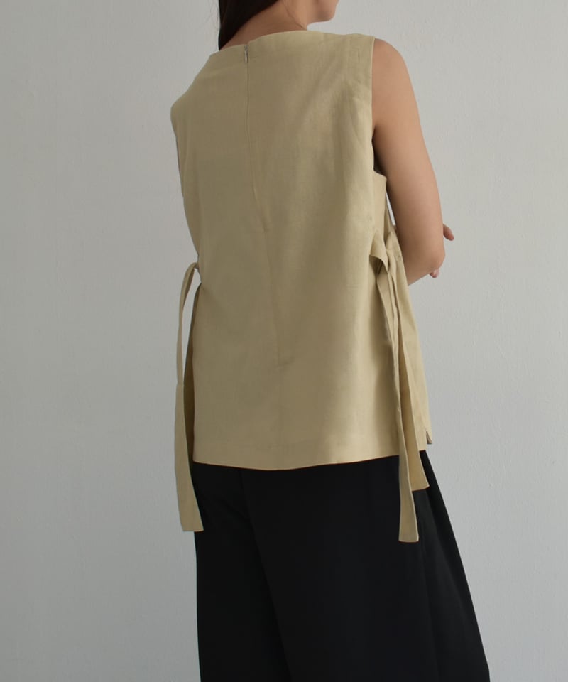 tops-02499 サイドリボン ノースリーブ トップス ベージュ