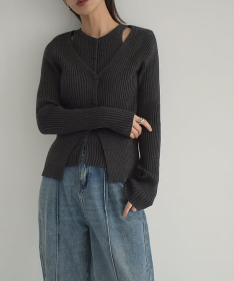 knit-02265　レイヤードデザイン リブニット　アイボリー　グレー　ブラック
