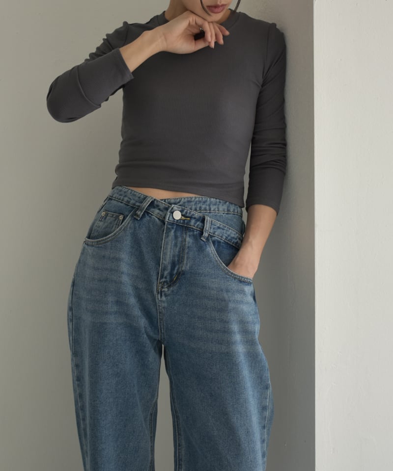 bottoms-02232 ウエストデザイン ストレートデニム ウォッシュブルー