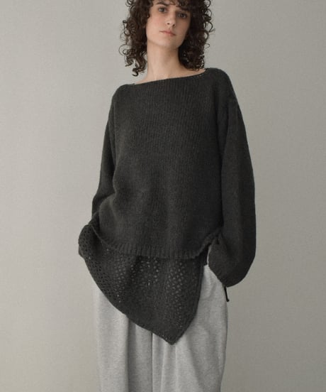 knit-02355　ラップクロシェニット付 ボートネック ニット プルオーバー　ライトグレー　チャコール　ブラウン