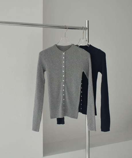 knit-02347　シェルボタン リブ ニット カーディガン　グレー　ネイビー