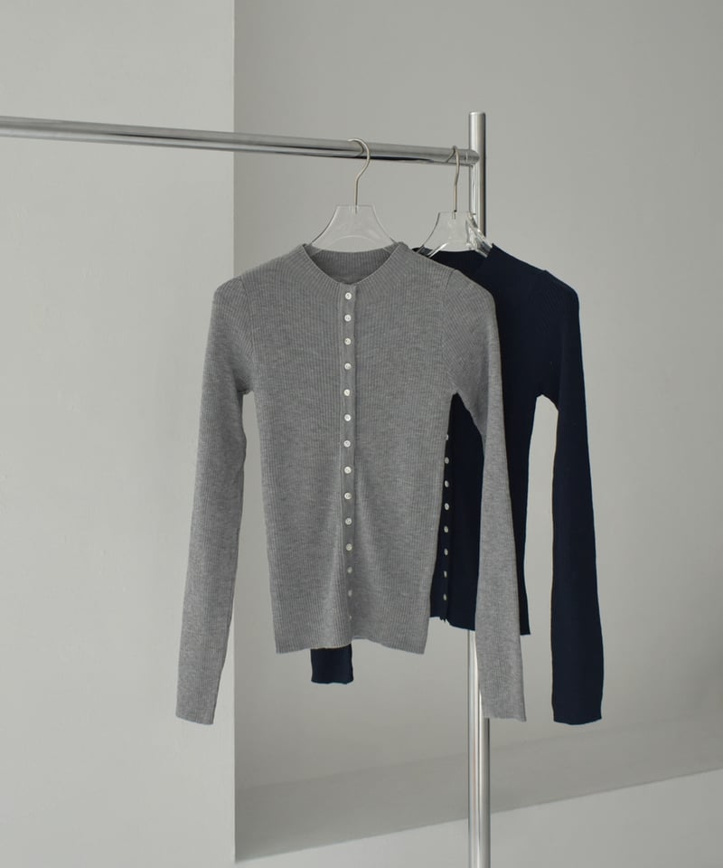knit-02347 シェルボタン リブ ニット カーディガン グレー ネイビー