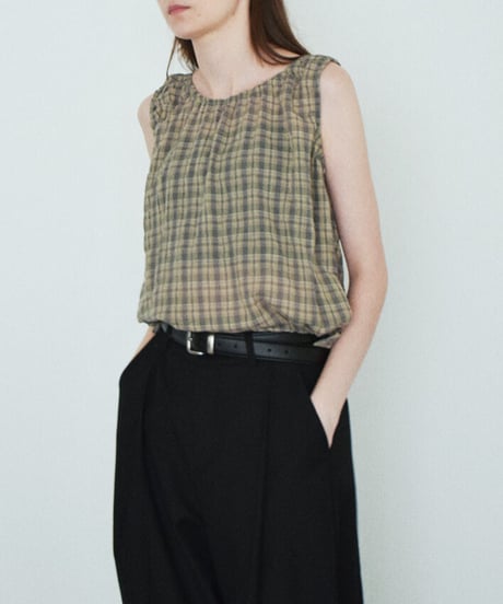 nh-tops-02622　ノースリーブ チェック ブラウス　ベージュ　ネイビー