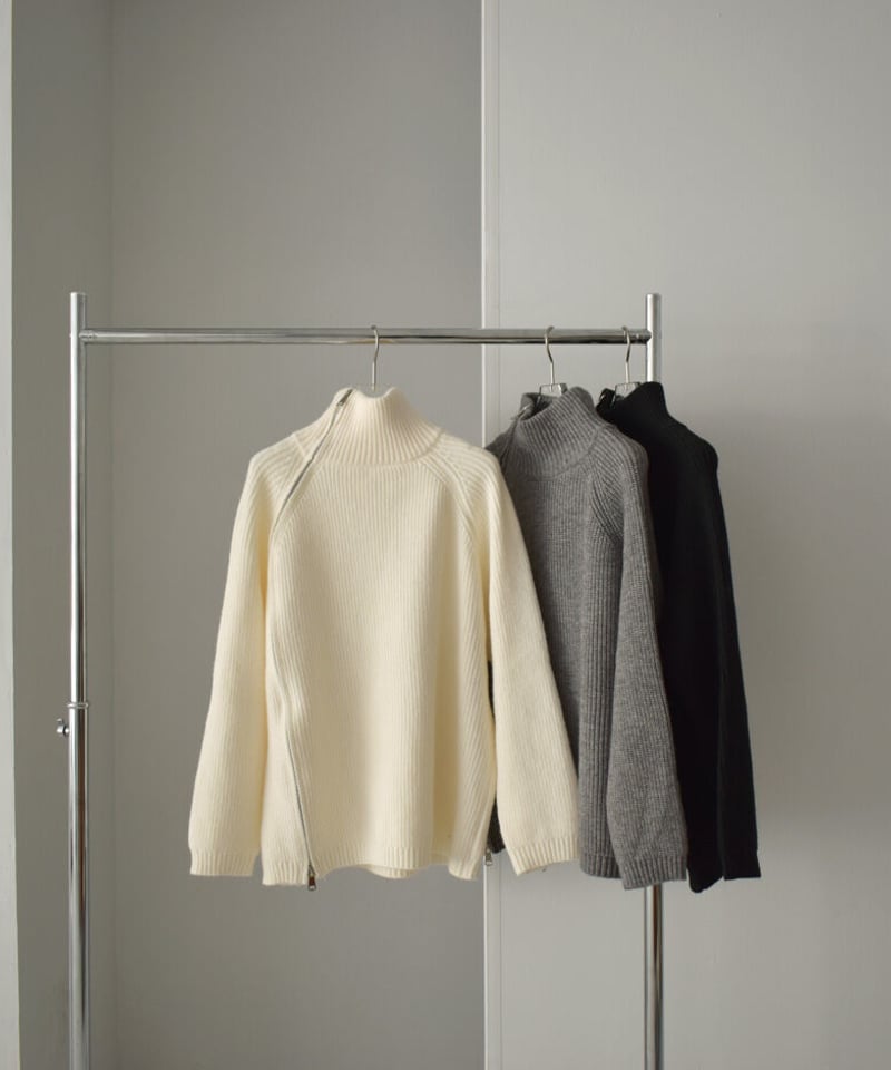 knit-02231 ハイネック デザインジップ ニット エクリュ グレー