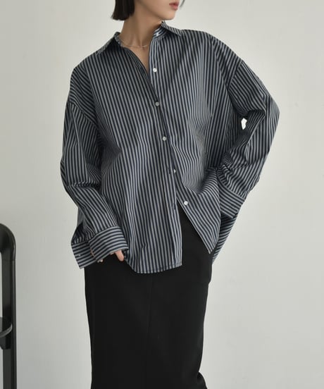 tops-02521　オーバーサイズ ストライプ シャツ　ホワイト　ネイビー