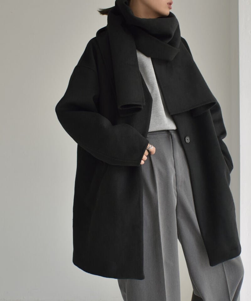 coat-13009 ストール付き ウール ミディコート モカ ブラック coat-13009 ストール付き ウール ミディコート モカ ブラック