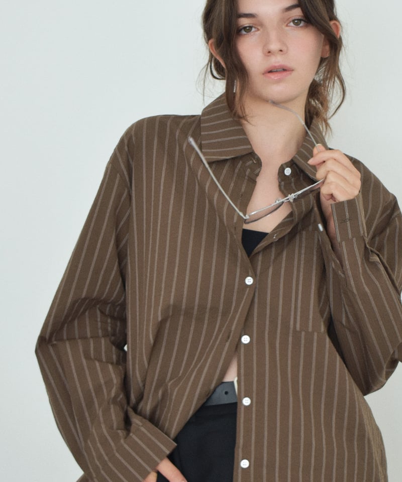 tops-02605 ベルトデザイン ストライプ シャツ エクリュ ブラウン | L