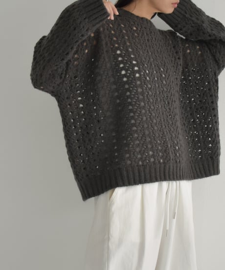 knit-02284　透かし編み モヘア ニット プルオーバー　エクリュ　チャコール