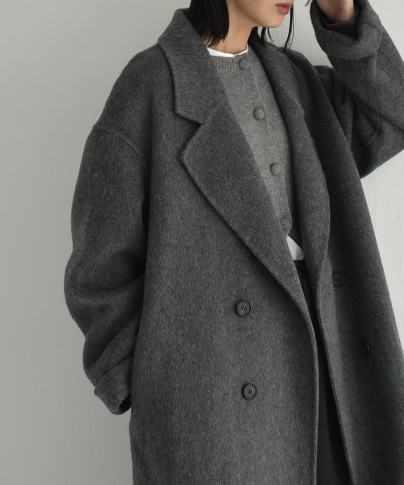 coat-02054 シャギー ウールコート リバー仕立て グレー ブラック | L