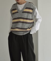 knit-02247　モヘア混 マルチボーダー Vネック ニットベスト