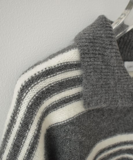 knit-02368　ポロカラー ボーダー ニット　グレー　ブラウン