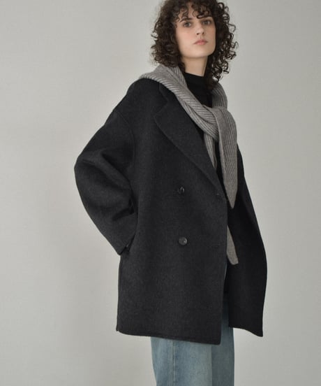 coat-02061　ウール ミディ コート リバー仕立て　エクリュ　ダークグレー　ブラウン