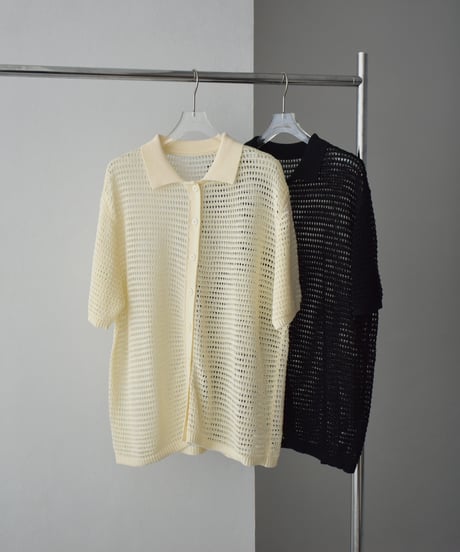 knit-02332　オーバーサイズ メッシュ ポロニット　アイボリー　ブラック