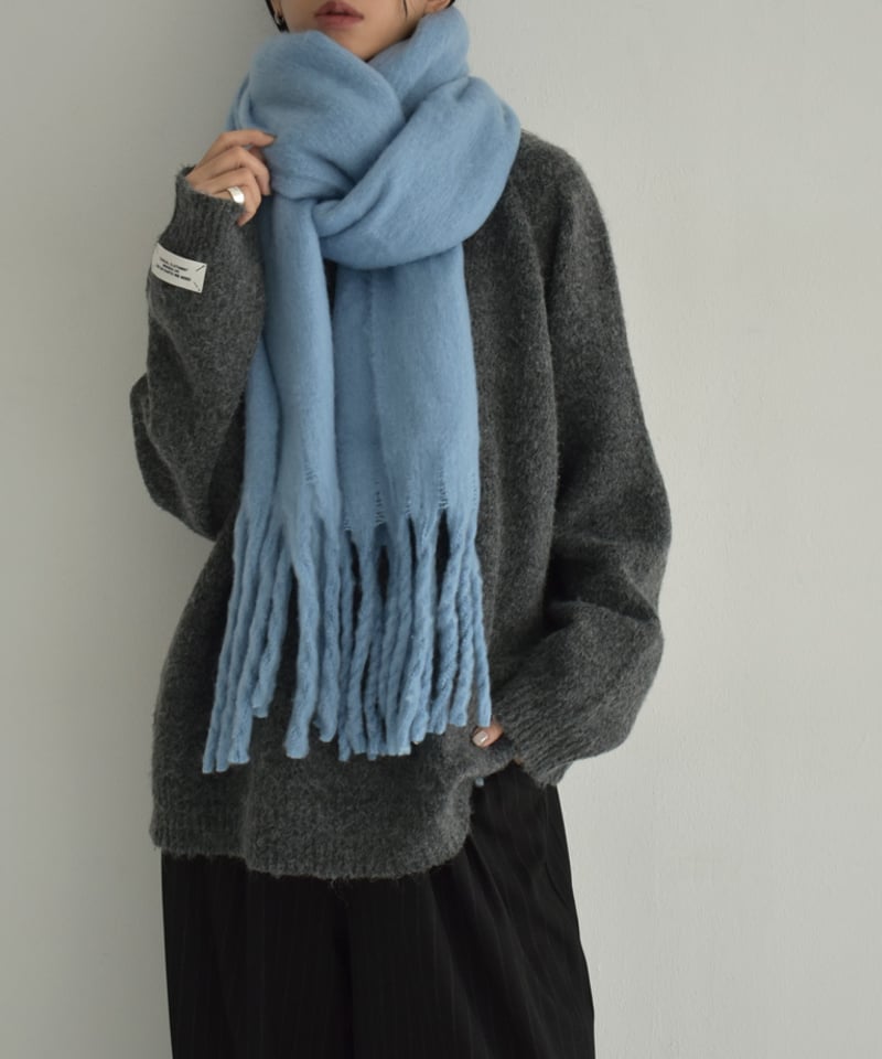 muffler-02022 ボリューム フリンジ マフラー エクリュ ブルー