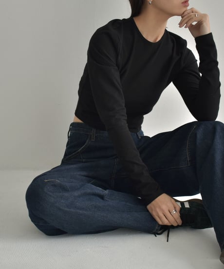 nh-tops-02446　クルーネック コンパクト ロングTシャツ　チャコール　ブラック