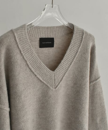 knit-02099　ウール混 アウトシーム Vネックニット　グレージュミックス
