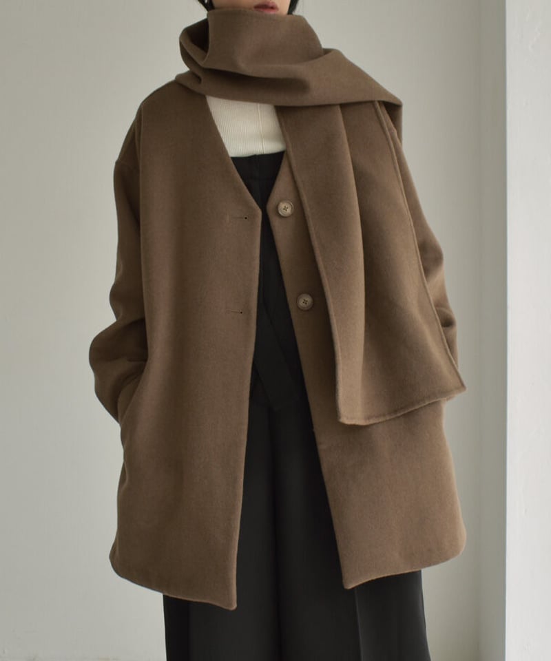 coat-13009 ストール付き ウール ミディコート モカ ブラック coat-13009 ストール付き ウール ミディコート モカ ブラック