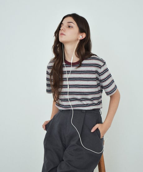 nh-tops-02627　マルチボーダー ルーズ Tシャツ　グレー