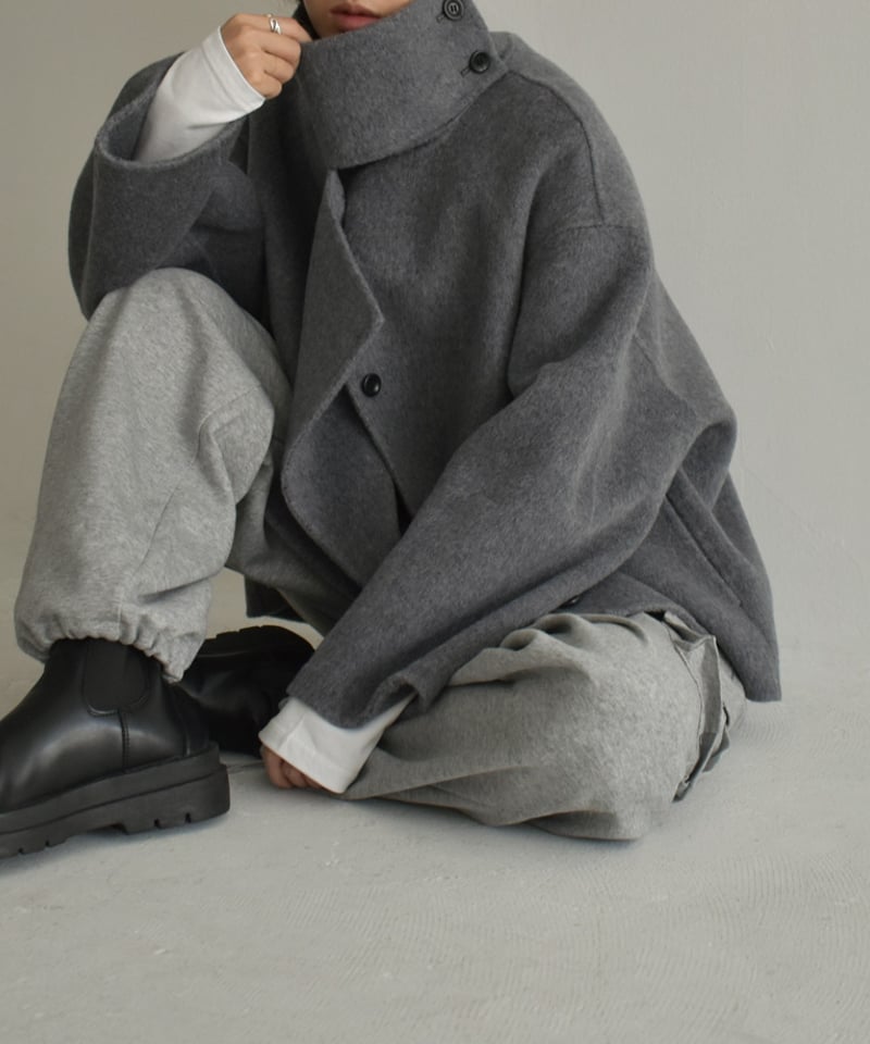 coat-02040 スタンドカラー ウールショートコート リバー仕立て