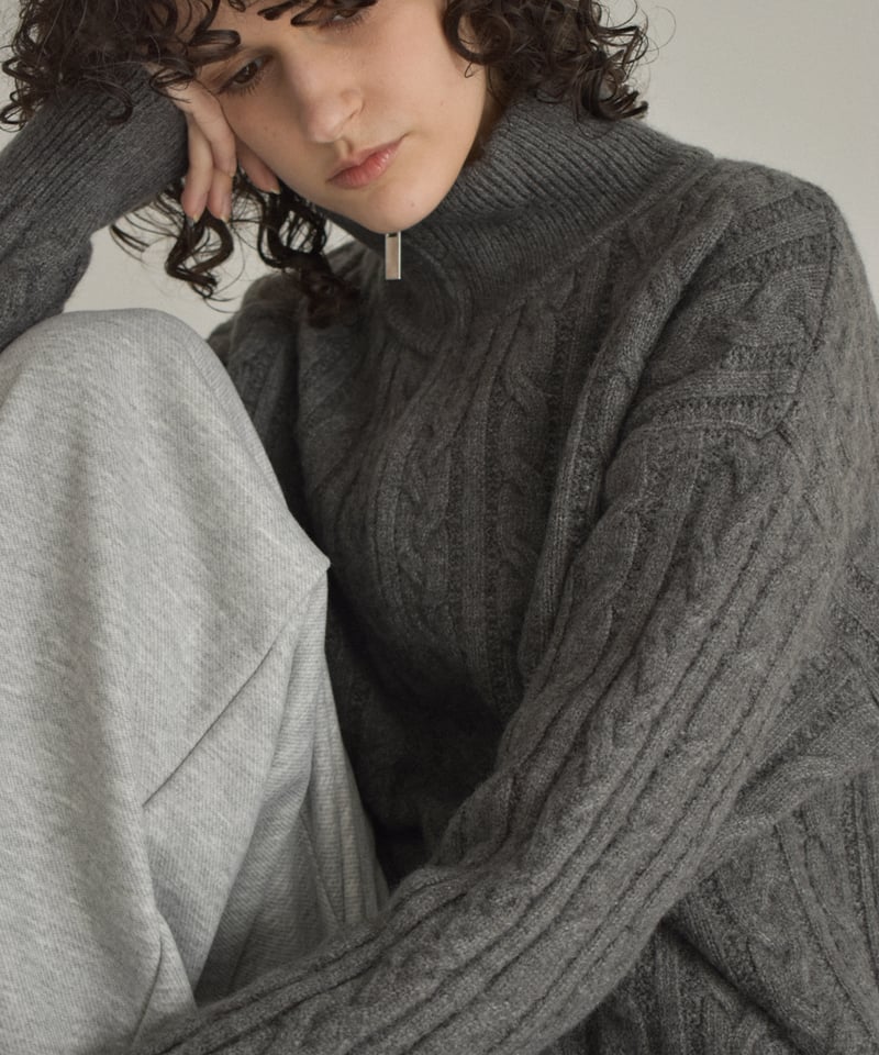 knit-02367 ダブルジップ ケーブル ニット エクリュ グレージュ