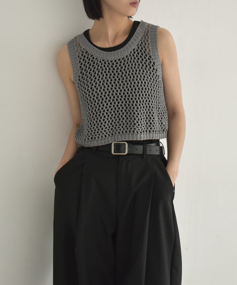 nh-knit-02328 ノースリーブ メッシュニット トップス グレー
