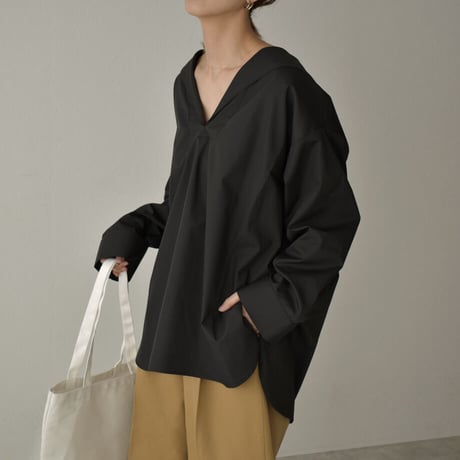 tops-04067　日本製　セーラーカラーシャツ　ホワイト　ブラック
