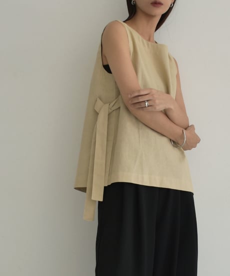 tops-02499　サイドリボン ノースリーブ トップス　ベージュ　ブラック