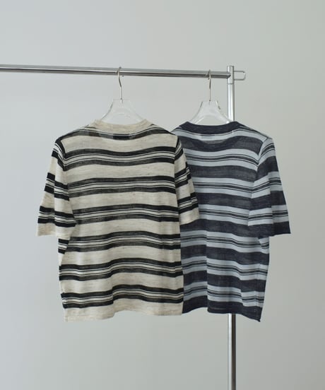 nh-knit-02384　リネン混 マルチボーダー ニット トップス　エクリュ　ブルー