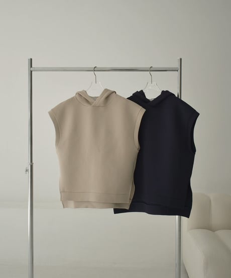 tops-02443　ダンボールニット フーディーベスト　グレージュ　ネイビー