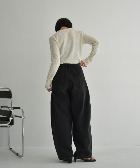 tops-02523　クルーネック ランダム リップル カットソー　エクリュ　ブラック