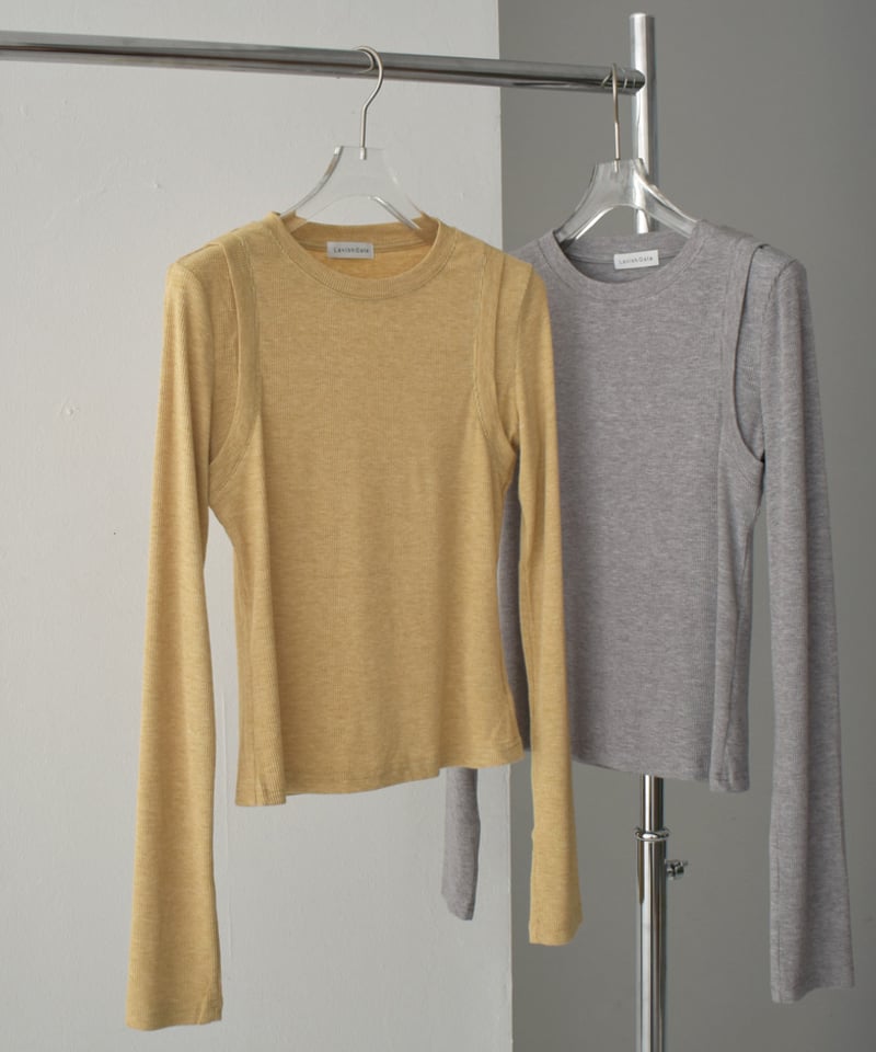 tops-02510 レイヤード ライク トップス マスタード グレー | L