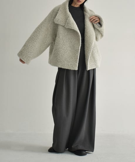 coat-02052　ウール混 ハイネック ブークレ ショート コート　ライトグレージュ　モカ