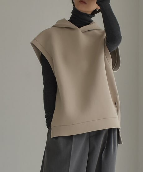 tops-02443　ダンボールニット フーディーベスト　グレージュ　ネイビー