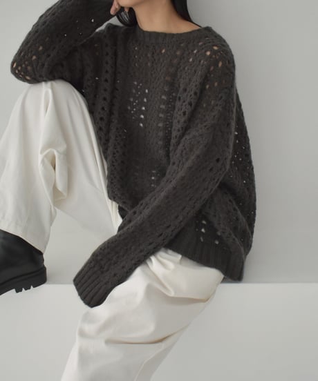 knit-02284　透かし編み モヘア ニット プルオーバー　エクリュ　チャコール