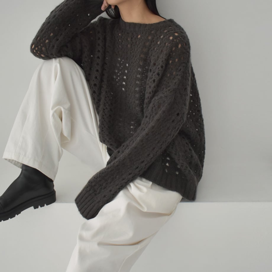 knit-02284 透かし編み モヘア ニット プルオーバー エクリュ  