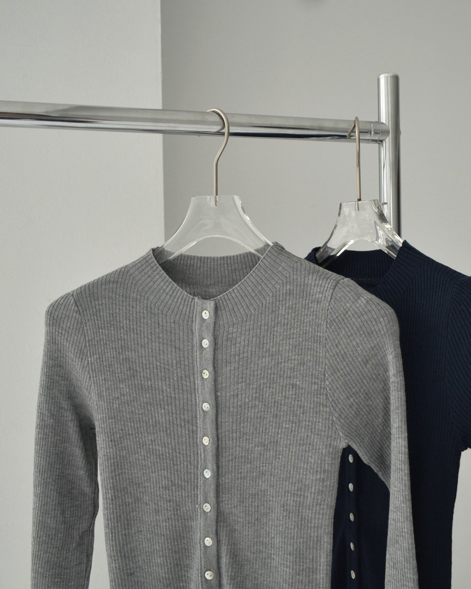 knit-02347 シェルボタン リブ ニット カーディガン グレー ネイビー