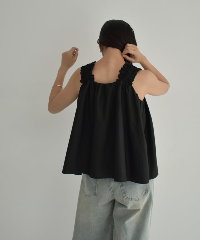 tops-02479 ギャザータンク ブラウス ホワイト ブラック | L tops-02479 ギャザータンク ブラウス ホワイト ブラック | L
