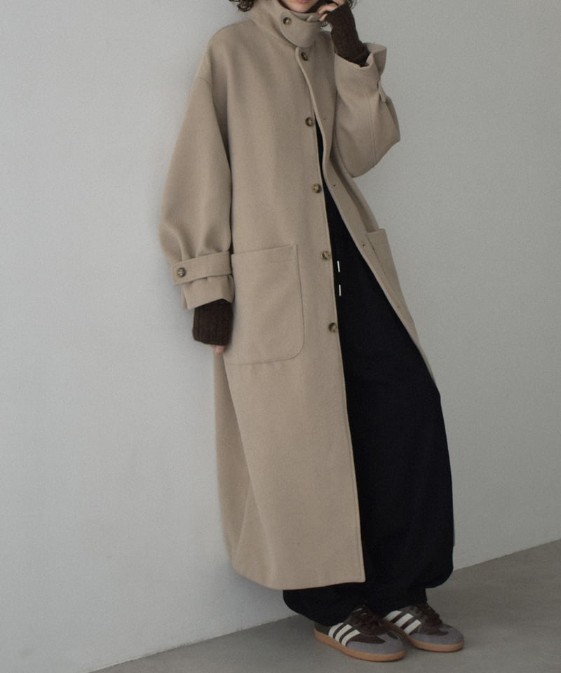 coat-12001 ウールブレンド ステンカラーコート ベージュ モカ | L