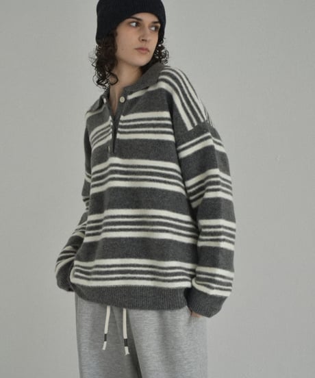 knit-02368　ポロカラー ボーダー ニット　グレー　ブラウン
