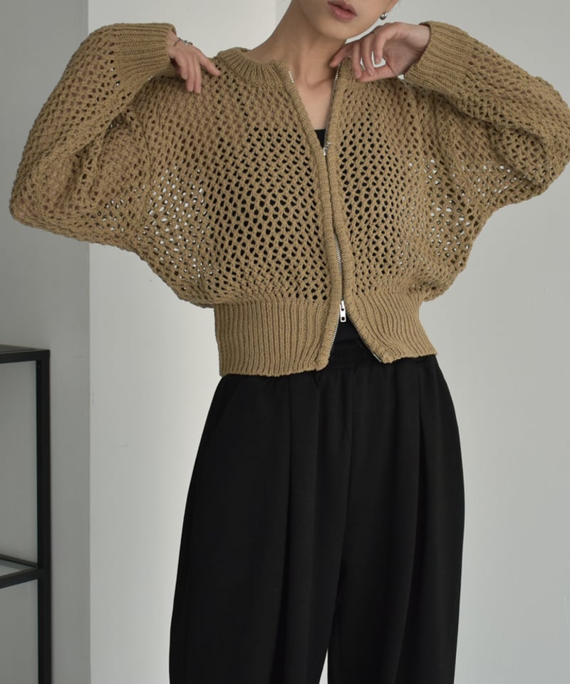 knit-02264 メッシュ ニット カーディガン モカ ブラック | L