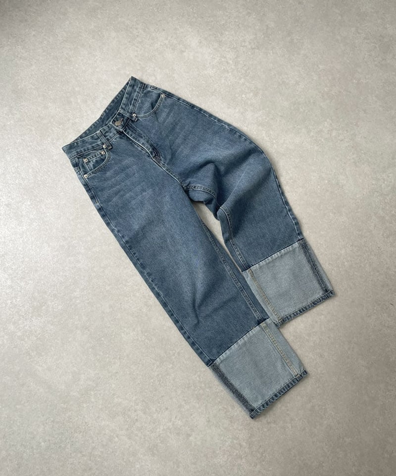 bottoms-02164 ロールアップデザインデニム ウォッシュブルー bottoms-02164 ロールアップデザインデニム ウォッシュブルー
