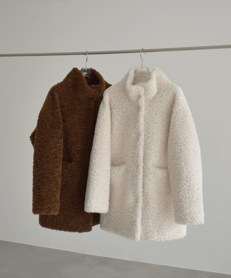 coat-02065　プードルボア ハイネック ミディコート　エクリュ　ブラウン