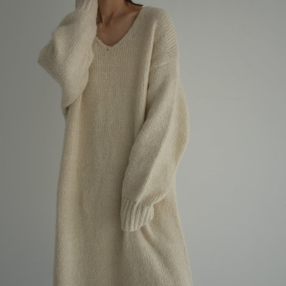 onepiece-02080 ウール混 Vネック ローゲージ ニット ワンピース