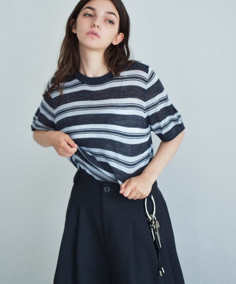nh-knit-02384　リネン混 マルチボーダー ニット トップス　エクリュ　ブルー