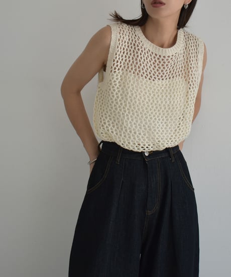 knit-02272　スパンコール メッシュ ニット トップス　エクリュ　ブラック