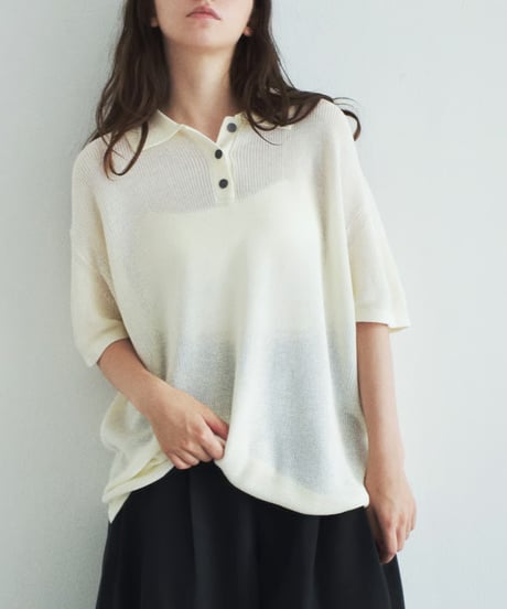 knit-02382　リネン混 ポロカラー ニット プルオーバー　エクリュ　ブラック