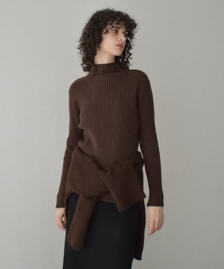 knit-02358　リブ ハイネック ニット トップス　オフホワイト　アイスブルー　グレー　ブラウン　ブラック