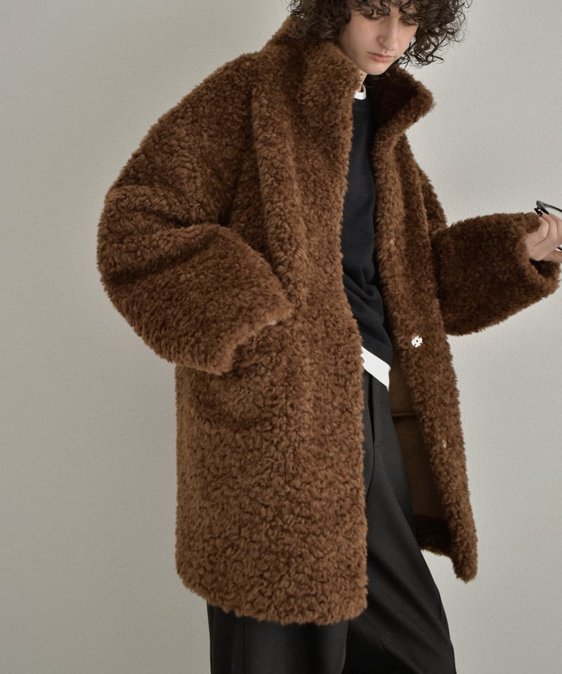 coat-02065 プードルボア ハイネック ミディコート エクリュ ブラウン