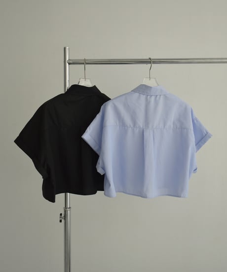 tops-02482　フロントポケット クロップドシャツ　ブルー　ブラック
