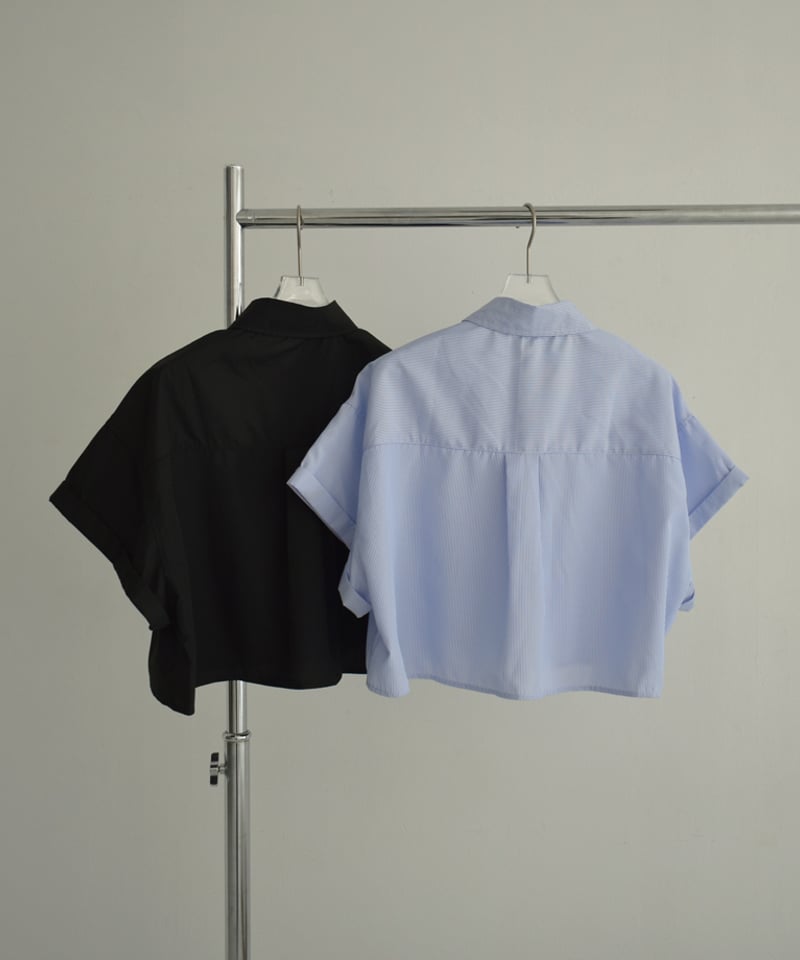 tops-02482 フロントポケット クロップドシャツ ブルー ブラック